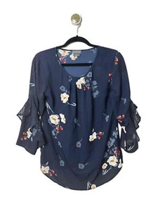 Van Heusen Bluse Damen Größe M Marine Blumen Glocken Rüschenärmel  - Bild 1 von 8