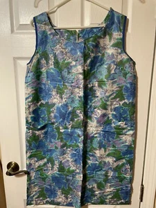 Vintage 1950's Blue Green & White Sleeveless Shift w/Patch Pockets - Picture 1 of 4