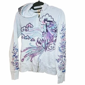 LUCKY BRAND Vtg Y2K SM Geisha Embroidered Asian Zip Blue Purple Hoodie Sweater - Picture 1 of 10