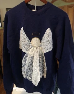 Vintage Christmas Sweatshirt 3D Womens L Navy Blue Holiday Ugly Sweater brittani - Picture 1 of 5