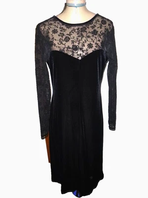 Robbie Bee Black Stretch Velvet Dress Mesh Glitter Burnout Bodice & Sleeves 6 - Image 1 of 4
