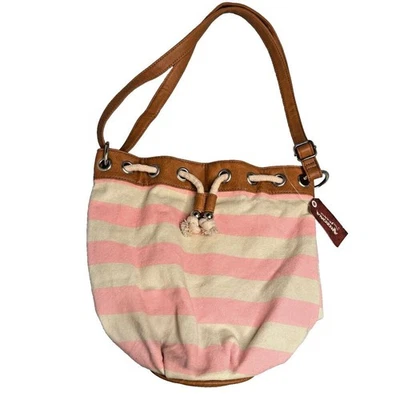 Arizona Jean Canvas & Vegan LTHR Crossbody Shoulder Bag Purse Pink/Brown Cinch - Image 1 of 4
