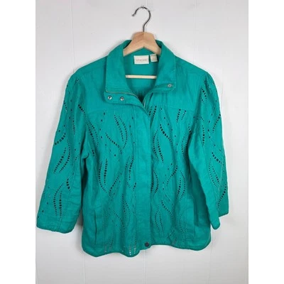 Chico's Size 2 Linen Eyelet Jacket Teal Green 3/4 Sleeve Lightweight Large - Image 1 of 4
