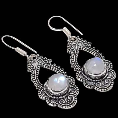 Pendiente de plata de ley 925 con piedras preciosas de luna arco iris natural 1,9" d945 Foto 1 de 4