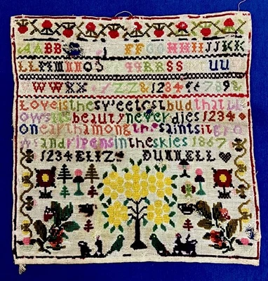 Antique Handworked Cross Stitched Wool Child’s 1867 Sampler 11" x 11.5" #VK - Image 1 of 4