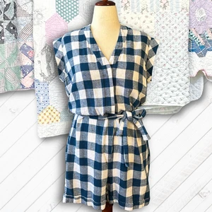 J Crew blau Buffalo kariert Karo Leinen Tie Taille Shorts Strampler Größe L XL - Bild 1 von 13