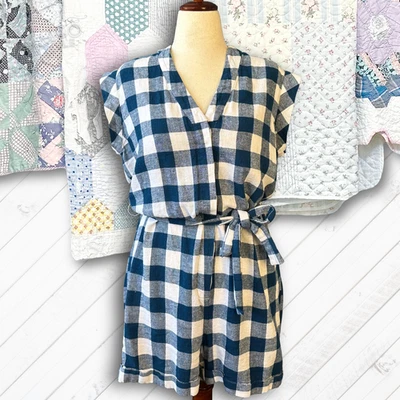 Pantalones Cortos J Crew Azul Búfalo Cuadros Lino Corbata Cintura Mameluco Talla L XL Foto 1 de 4