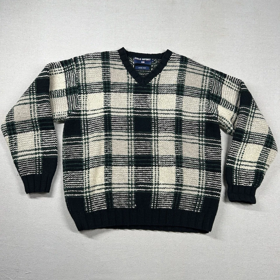 Vintage Polo Sport Sweater Mens L Hand Knit Tartan Wool Linen 90s Retro Chunky - Image 1 of 4