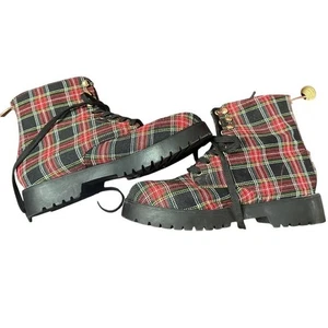 Bambus Damen 7M kariert Kampfstiefel Schnürstiefel klobig Plateau Stollensohle Urlaub - Bild 1 von 5