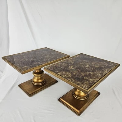 Mesas auxiliares vintage tapa de vidrio pedestales dorados Hollywood Regency Medallion Lmt MCM Foto 1 de 4