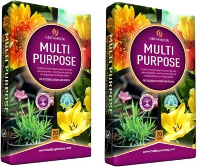 2x20L Growmoor Multi Purpose Compost Potting Plants Garden Borders Pots Bask