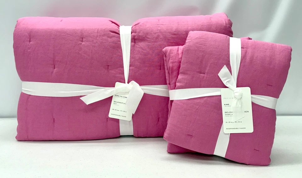 NEW Pottery Barn Belgian Flax Linen Tufted KING Quilt w/2 KING Shams~Pink Tulip - Image 1 of 1