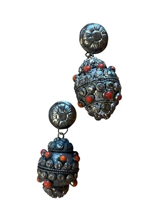 🔴 Orecchini Rings Tribali Etnici Afgani Argento Vintage Corallo - Immagine 1 di 4