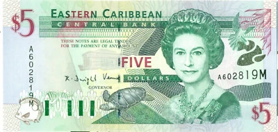Eastern Caribbean Montserrat 2000 Banknote 5$ Queen Elisabeth II  Fishes  UNC - Photo 1/2