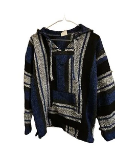 Baja Hoodie, Drug Rug, Iguana Jack Baja Hoodie, Mexican Poncho, M Black/blue - Picture 1 of 5