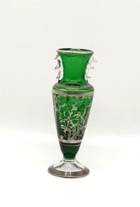 Vintage Bohemian Green Art Glass Vase Silver Overlay Applied Clear Rigaree 7 In - Picture 1 of 16