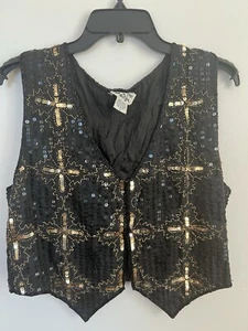 VTG 90s Style N Design Sequin Beaded Vest Large Goth Black Gold Star Y2K Silk - Picture 1 of 8