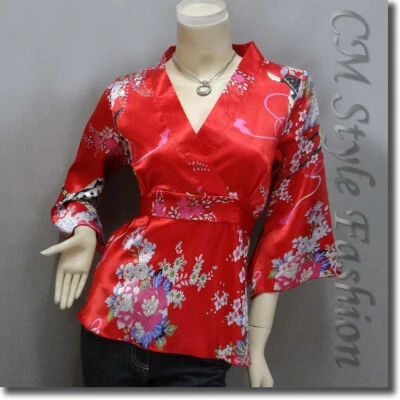 Blusa japonesa quimono floral cetim sedoso vermelha 3XL - Imagem 1 de 4