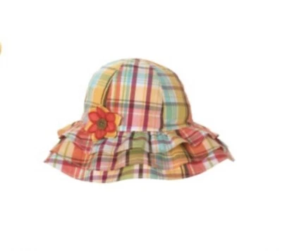 Gymboree 丛林宝石 0-12 个月格子花朵荷叶边太阳帽全新 — 第 1/4 张图片