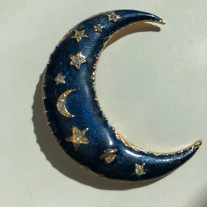Vintage Brosche 80er Jahre blau Emaille Halbmond Mond und Sterne - Bild 1 von 2