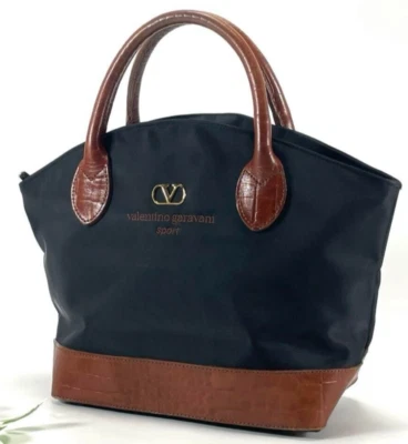 Valentino Bolso de Mano Bolso de Mano Garavani Cocodrilo Repujado Nylon Negro Marrón USADO Foto 1 de 4