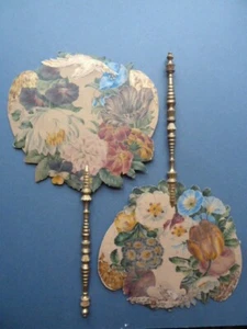 Pair 19th c Fixed fans/ screens Parrot Tulips Bird Beast gilded handles éventail - Picture 1 of 14