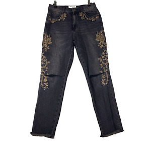 One X One Teaspoon Jeans Women's 26 Black Denim Raw Hem  Embroidered Distressed