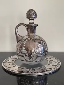 Antique Alvin .999/1000 Sterling Silver Overlay Glass Decanter with Under Plate - Picture 1 of 12