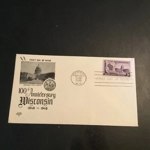 FDC 1948#957 1st PEARSON Cachet 100th ANNIVERSARY WISCONSIN 1848-1948 3CT Stamp - Picture 1 of 2