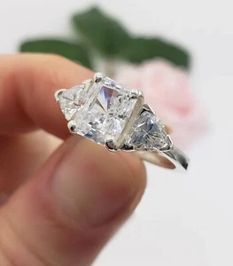 3Ct Moissanite Radiant-Cut Three Stone Trillion Wedding Ring 14k White Gold Over - Picture 1 of 8