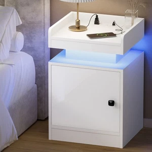 Oikiture Bedside Table LED Nightstand USB Charging Station Side Table White - Picture 1 of 10