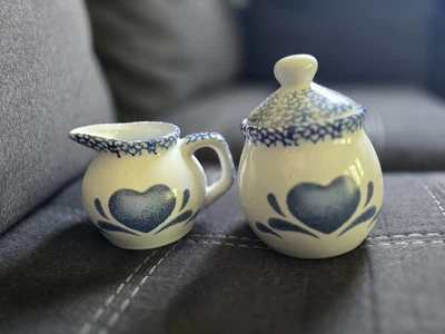 Sponged Blue Heart On White Sugar and Creamer Set - Image 1 of 4