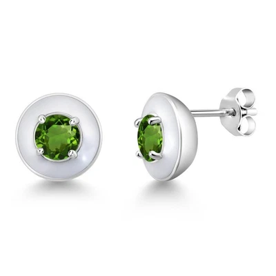 1.00 Ct  5mm Green Chrome Diopside 925 Sterling Silver White Enamel Stud - Image 1 of 3