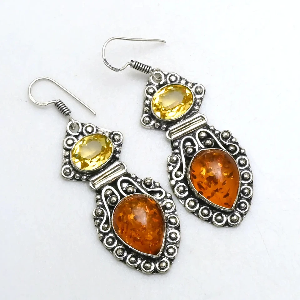 Pendientes colgantes ámbar citrino piedras preciosas hechos a mano joyería regalo 2,2" AE-92583 Foto 1 de 1