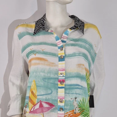 Camisa para mujer John Mark talla 1X escena de playa manga enrollable túnica blanca top 66 Foto 1 de 4