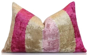 Almohada lumbar de terciopelo de seda a rayas de oro rosa - Cojín de lujo hecho a mano 16x24 - Imagen 1 de 8