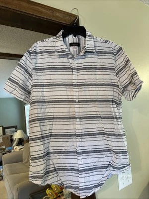 Structure Linen Button Shirt Men XL Slim Fit Gray White Striped Preppy Nautical - Image 1 of 4