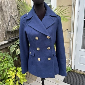 Michael Kors Damen Zweireiher Wollmischung Pea Coat Jacke. Blau Größe S - Bild 1 von 12