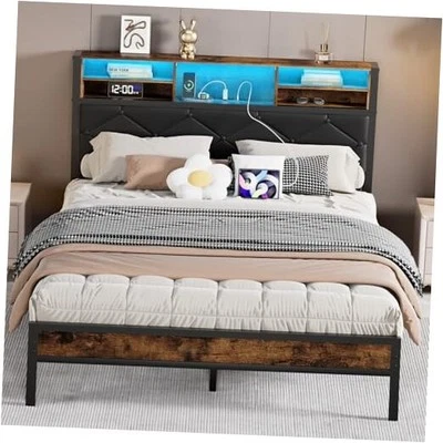  Marco de cama tamaño con cabecero y estribo, colchón de plataforma metálica queen Foto 1 de 4