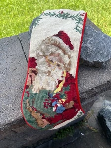 Victorian CHRISTMAS NEEDLEPOINT STOCKING~Velvet*Santa Claus Face*Toys*Holly E1 - Picture 1 of 1