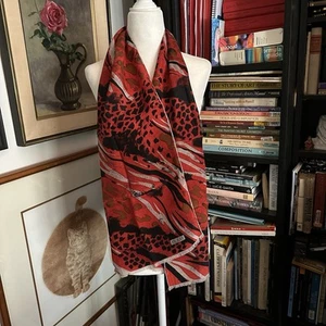 Vtg BILL BLASS Long Silk Scarf Red Gold Black Abstract Animal Print 11" x 56" - Picture 1 of 11