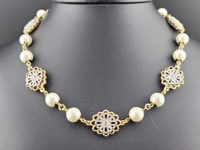 Collar Cadena Flor Filigrana Oro Plata Perla Vidrio Charter Club Firmado Foto 1 de 4