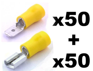 100 Yellow Semi Insulated Spade Electrical Crimp Connectors- Mixed Male & Female - Imagen 1 de 5