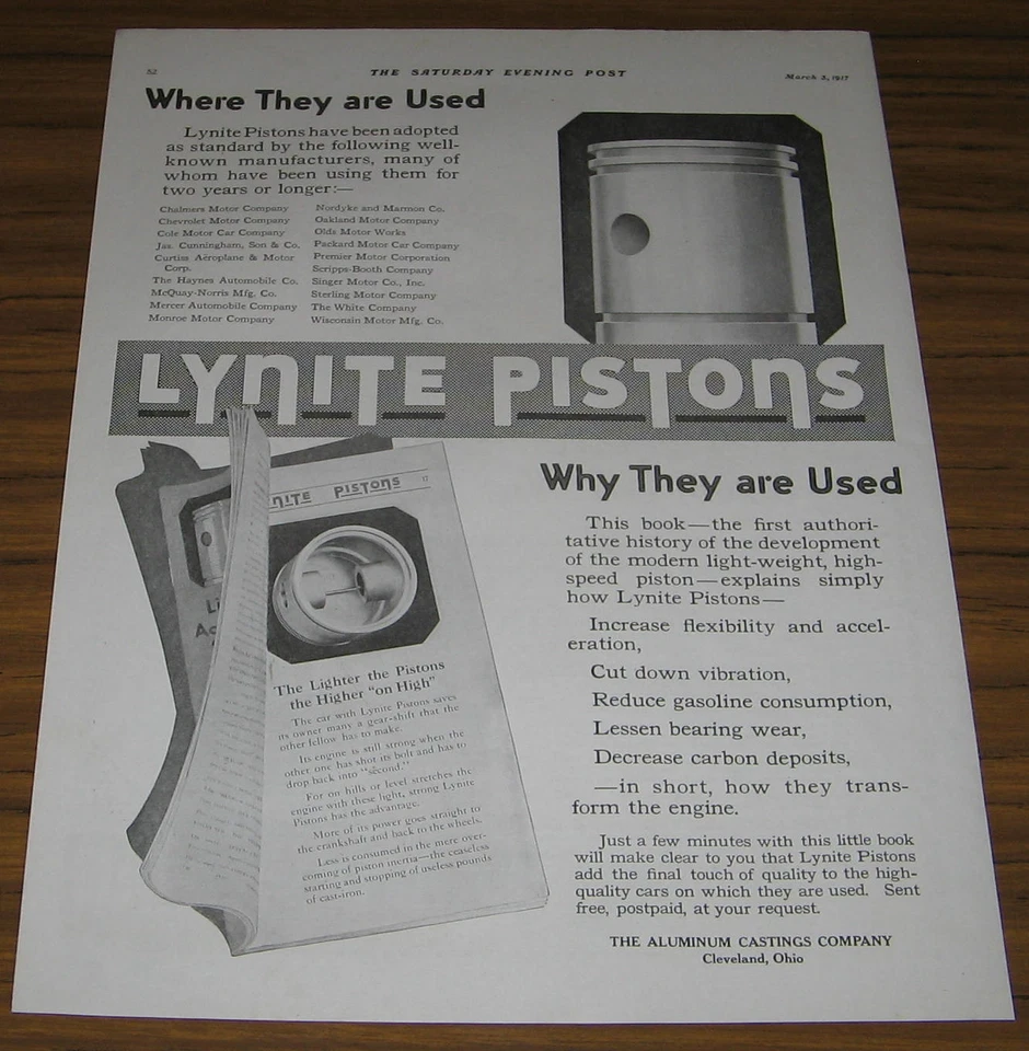 1917 Vintage Ad Lynite Pistons Aluminum Castings Company Cleveland, Ohio Foto 1 de 1