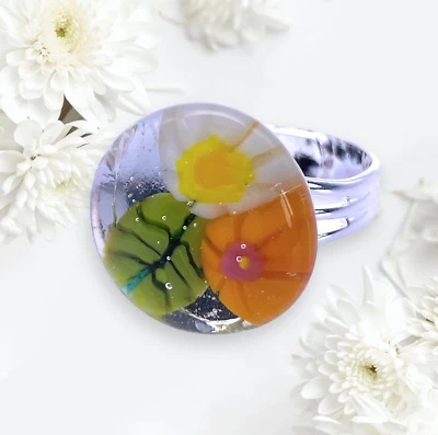 Glass Ring, Flower Ring, Millefiori Ring, Handmade Dichroic Glass Ring (CGR5) - Image 1 of 4
