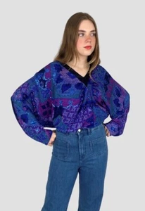 Galitzine 80's Vintage Blue Metallic Batwing Slinky Faux Chainmail Jumper - Picture 1 of 7
