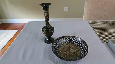 Or Best Offer: Vintage Metal Vase & Lattice Bowl With Gold Etching Accents India • 166.68$