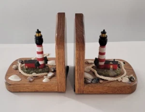 Handcrafted Oak Bookends with Resin Lighthouses & Seashells Matching Pair - Picture 1 of 5