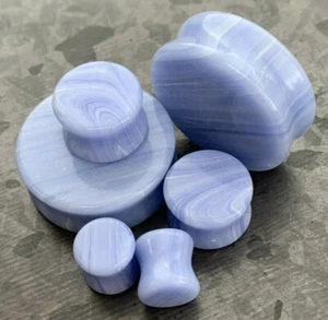 PAIR Synthetic Blue Lace Agate Stone Double Flare Plugs Earlets Gauges - Picture 1 of 6