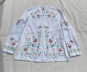 Quacker Factory Jacke weiß bestickt & Perlen Blumen Schmetterling Reißverschluss Gr. L - Bild 1 von 13
